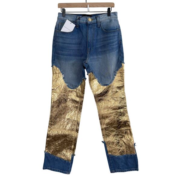 BRANDON MAXWELL The Cortlandt Denim Pant W/ Metallic Leather Combo Size 29 New - Picture 3 of 14